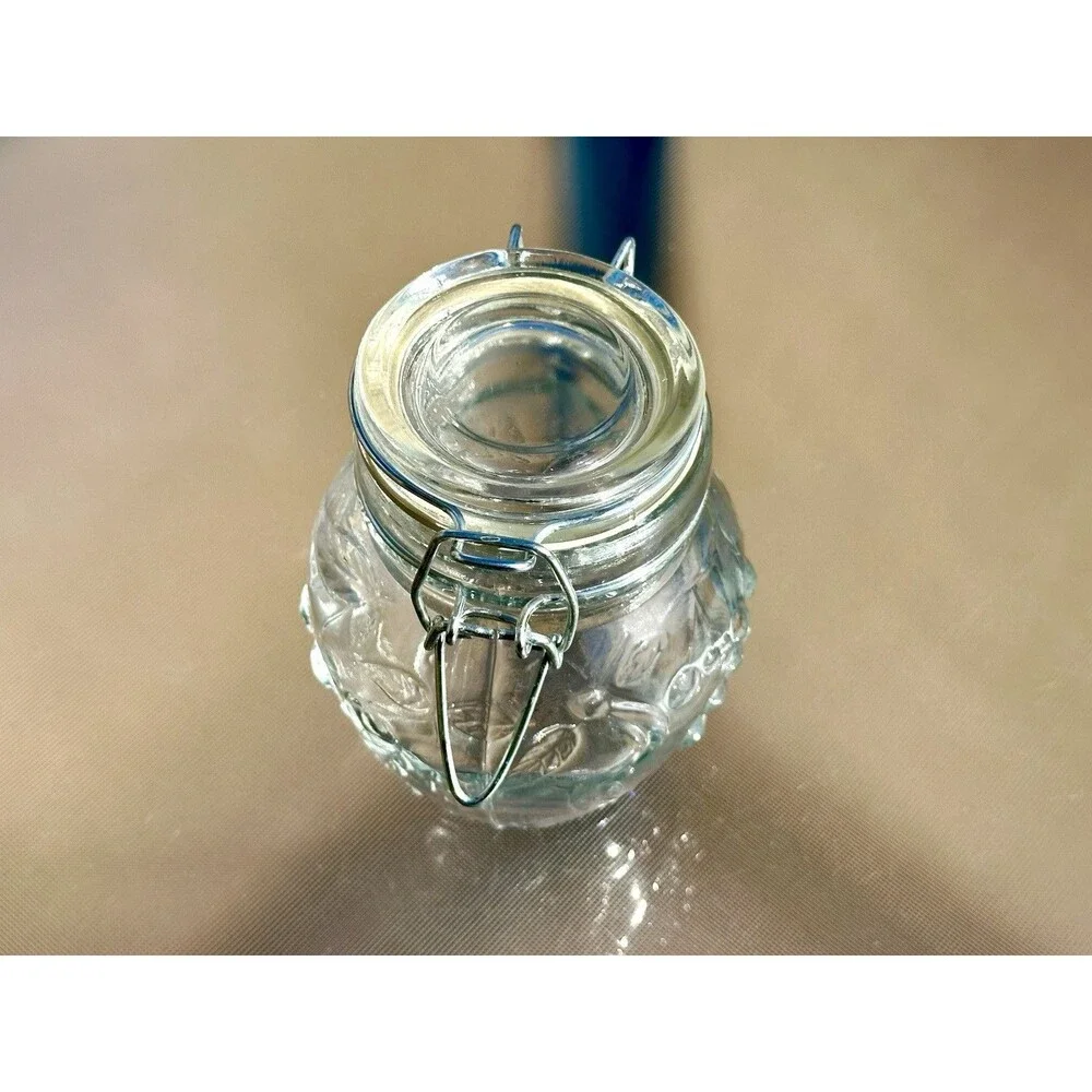 Embossed Vintage Glass Jar With Locking Lid Mason Style Jar, Canning Fruit Motif